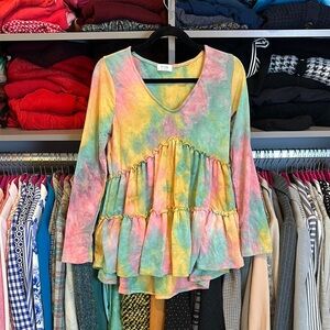 Blue Ivy tie dye long sleeve v neck tiered top size S NWOT